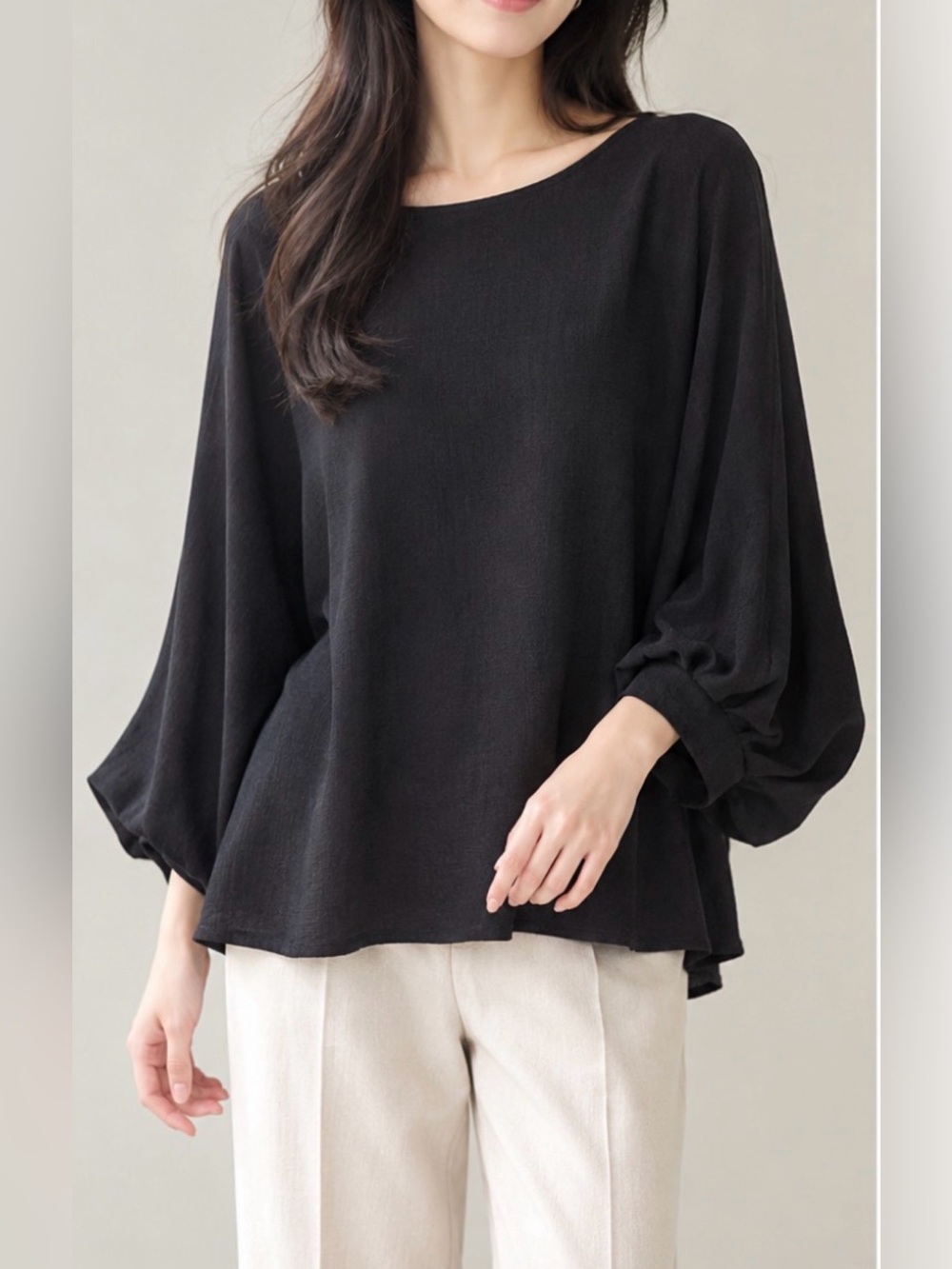 Oversized Balloon Sleeve Black Top Scoop Neck Flowy Blouse